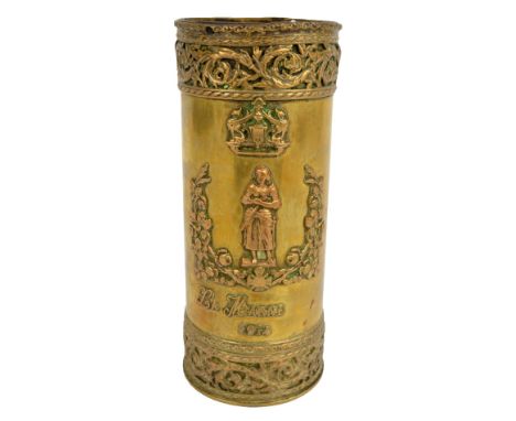 A WWI trench art brass shell vase/lamp base, applied with a figure of Joan of Arc within floral wreath, inscribed 'La Marne 1