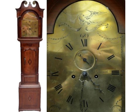 An early 19th century mahogany and oak longcase clock, the broken swan neck pediment above arched brass dial set with Roman n