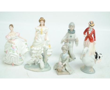 A group of ceramic figures including three Royal Doulton ladies comprising HN3653 'Lucy', HN3384 'Sarah', and HN3690 'Angela'