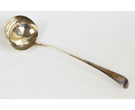 JOHN BUNN (possibly); a George V hallmarked silver Old English pattern soup ladle with oval bowl and pierced finial, 1806, le