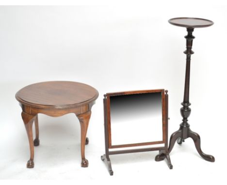 An early 20th century jardinière stand, a swing toilet mirror and a circular occasional table raised on cabriole legs (3).