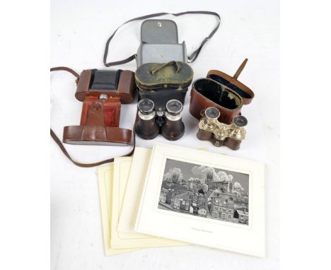 An Ensign Selfix 12-20 leather cased camera and two pairs of field glasses including Lumiere Starlex, also two woven Brockleh