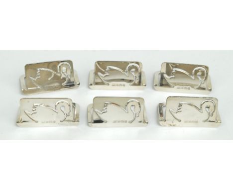 TROIKA DESIGNS LTD; a set of six Elizabeth II hallmarked silver menu holders of rectangular form, each decorated with pierced