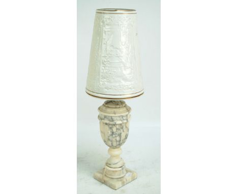 A white marble fluted urn shaped lamp base on square foot, height 41.5cm including fitment, with a porcelain lithophane shade