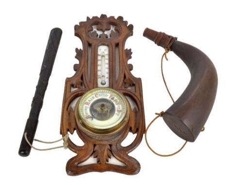 A short Irish carved bog oak shillelagh, a powder horn and an Art Nouveau stained beech barometer/thermometer (3).