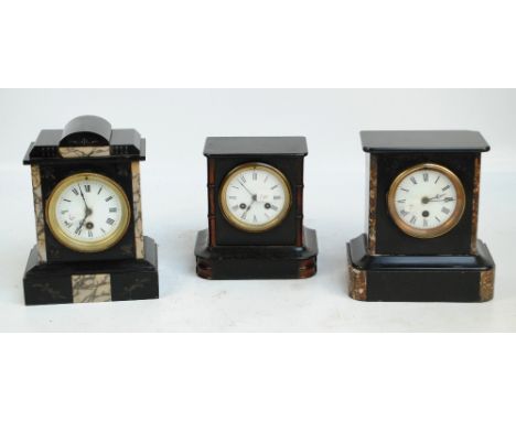 Two 19th century French black slate and marble detailed thirty hour mantel clocks, height 23cm and a further similar wooden e