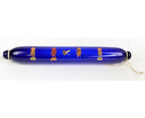 A large 19th century Bristol Blue rolling pin/salt container, decorated with five applied scraps, length 68cm.