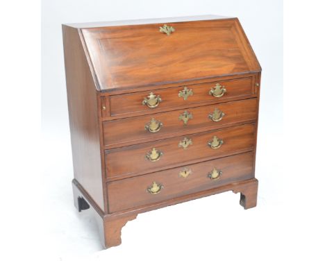 A George III mahogany bureau, the fitted interior above four long graduated drawers raised on bracket feet, width 92cm.