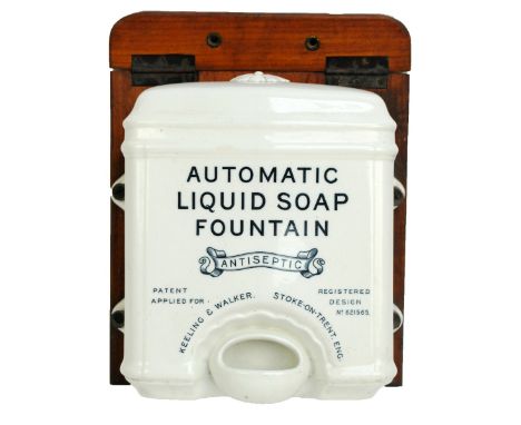 An unusual late 19th century creamware automatic liquid soap fountain, inscribed 'Keeling & Walker, Stoke-on-Trent Eng', and 