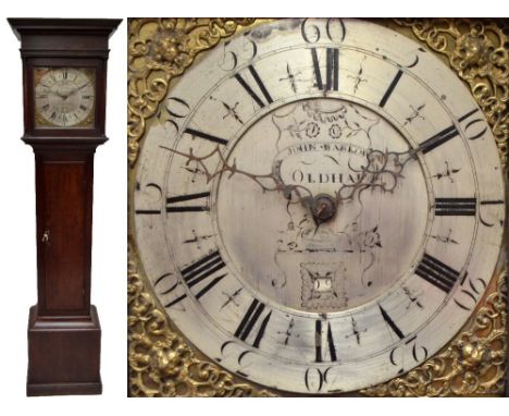 A late 18th century longcase clock with flat mould cornice above square brass dial and silvered circular chapter ring set wit