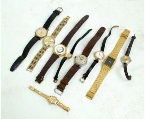 A collection of vintage wristwatches including a 9ct rose gold lady's wristwatch, the white enamel dial set with Arabic numer