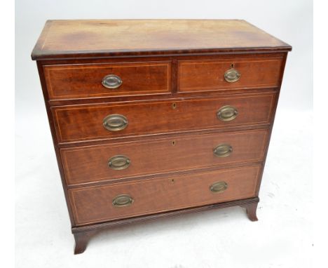 A 19th century crossbanded mahogany chest of two short and three long drawers on bracket feet (for restoration), height 92.5c