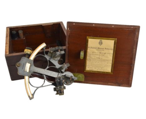 An early 20th century mahogany cased brass and black lacquered sextant by H Hughes & Son of London, the scale numbered 17016,