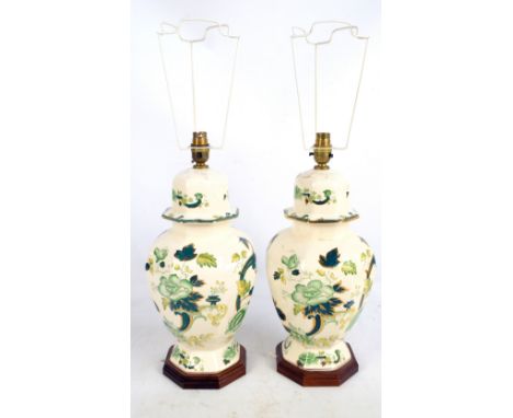 A pair of Mason's Ironstone table lamp bases of octagonal baluster form, height 45cm including wooden bases and fitment.