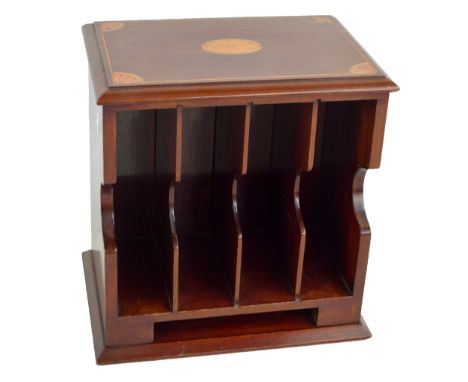 An Edwardian mahogany and satinwood inlaid table top stationery rack, width 28th.   CONDITION REPORT:  The back has a horizon