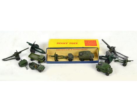 A boxed Dinky playworn 25 pounder field gun set, no.697, also a small quantity of unboxed military Dinky items comprising a s