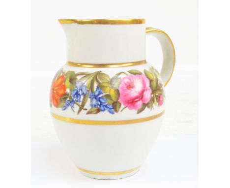 A circa 1805 Derby jug painted with a border of flowers with linear gilding, with red mark to base, height 15cm.   CONDITION 
