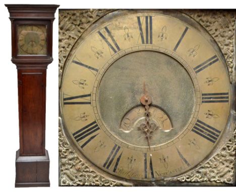 A late 18th century oak longcase clock, the mould cornice above square brass dial with circular chapter ring set with Roman n