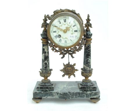 A 19th century French portico type mantel clock, the circular enamel floral painted dial set with Roman numerals, with Japy F