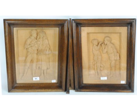 A pair of early 20th century carved soft wood relief pictures entitled 'Give Us a Light' and 'Sweethearts' with carved initia