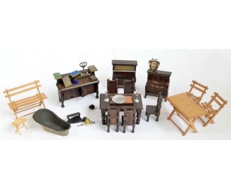 A quantity of dolls' house furniture and accessories including two Walterhausen pianos, Elgin type furniture, etc.   CONDITIO