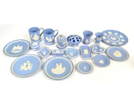 WEDGWOOD; a collection of light blue jasperware to include various pin dishes and ashtrays, two trinket boxes, a pot pourri a