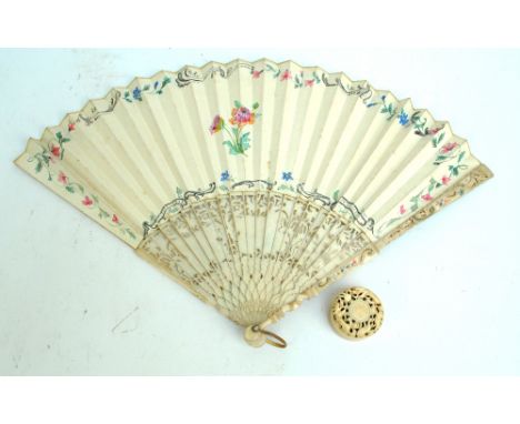 A late 19th/early 20th century fan with paper leaf decorated with a watercolour depicting a classical interior court scene an