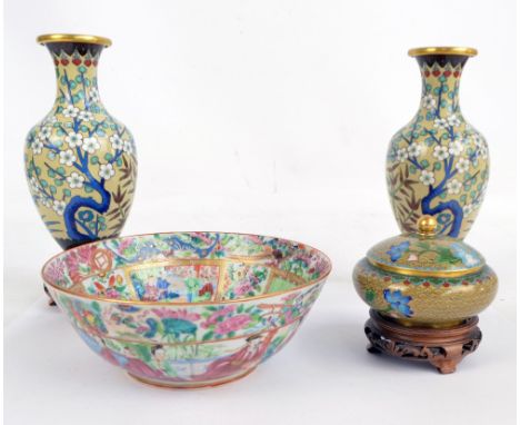 A pair of Chinese cloisonné enamel floral decorated baluster vases with flared rims, height 20.5cm, and a similarly decorated