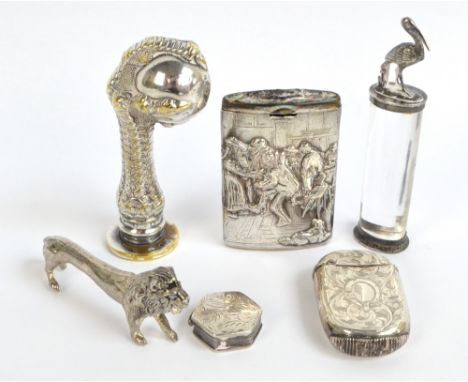 A small group of silver comprising a German vesta case embossed with tavern interior scene (af), and English hallmarked silve