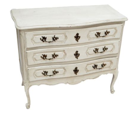 A French painted oak three drawer serpentine commode raised on cabriole legs to scrolling feet, width 100cm.