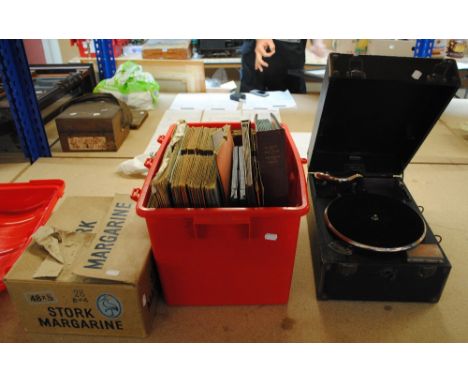 A Decca portable record player (lacking horn) and a quantity of records including a bound His Master's Voice Gilbert & Sulliv