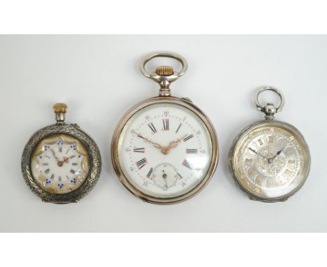 Two Swiss 935 silver open face fob watches, one key and one crown wind, both with bright cut cases and shield shaped cartouch