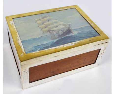WMF; an early 20th century electroplated brass mounted and walnut cigar box with maritime print to the hinged lid, 16 x 12 x 