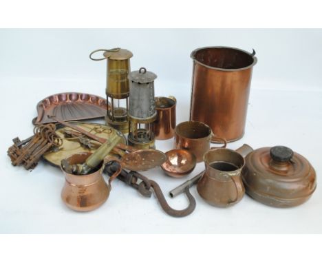 A quantity of copper ware to include mugs and ladle, also a brass E. Thomas & Williams Ltd miner's safety lamp and Salter's s