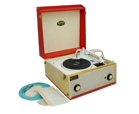 A 1950s Dansette Challenge C101 portable record player by Garrard in cream and red colourway with front knobs, width 38cm.