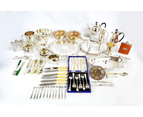 A quantity of electroplated items including a two-piece egg stand with spoons, a four piece tea set, mugs, salver, an oval di