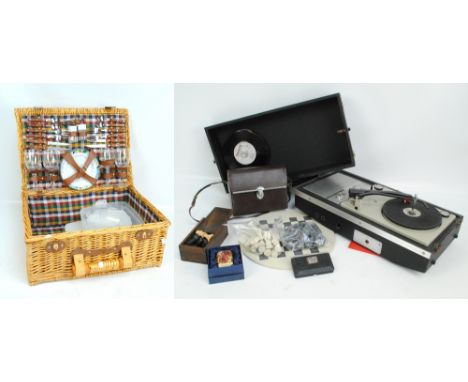 A mixed lot to include a Dansette Transit portable record player (case af), a 20th century African carved stone chess set and