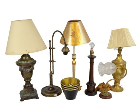 Five table lamps to include two modelled as classical urns, a brass wall light with tulip shaped clear glass shade, and three