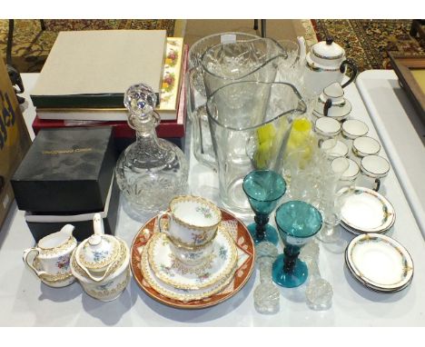 A collection of various teaware, other ceramics, a glass decanter and miscellaneous glassware, etc.