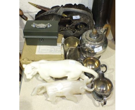 A coco-de-mer basket with shaped rim, 33cm long, a small collection of keys, a three-piece plated tea service, various walkin