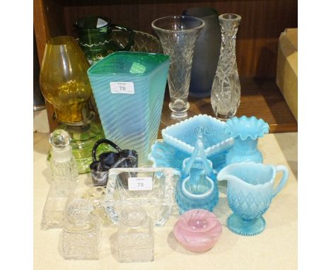 A blue/green glass vase of ribbed, distorted square shape, 18.5cm high, a Caithness glass vase, 18.5cm high and other coloure