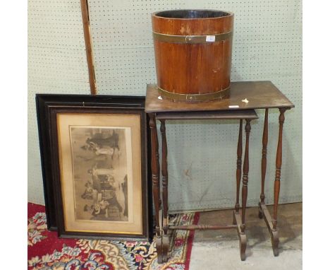 A 20th century brass-bound coopered planter, 35cm diameter, 34cm high, two framed prints and two tables.