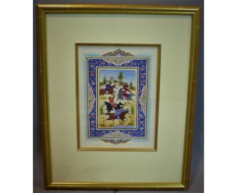 A Persian illumination on vellum depicting a hunting scene, within a floral border, framed and glazed, H.33 x W.26 cm 
