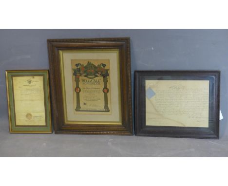 Three 19th and 20th century documents: Roll Call of the Great War, Private R. W. Blick, dated September 1918, United States o