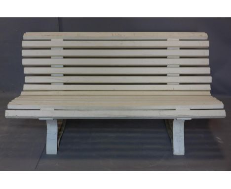 A white plastic garden bench, H.77 W.150 D.80cm 