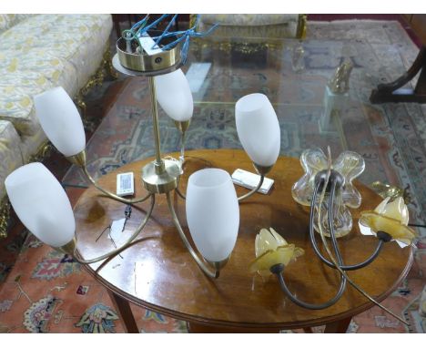A brass and opaque glass 5 branch chandelier, H.37cm Diameter 44cm, together with a two branch studio glass wall light in the