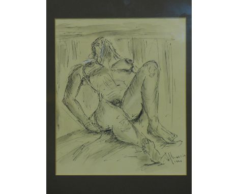 Contemporary British artist, female nude, gouache and ink on paper, signed and dated '1990' framed and glazed, 32 x 36 cm 