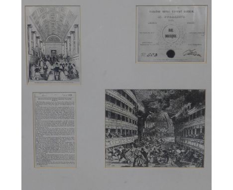 A framed quadriptych print of the destruction of the Theatre Royal Covent Garden by fire, with print of the theatre, a copy o
