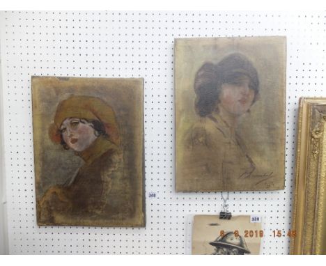 A pair of unframed portrait pictures on canvas of young ladies, mixed media