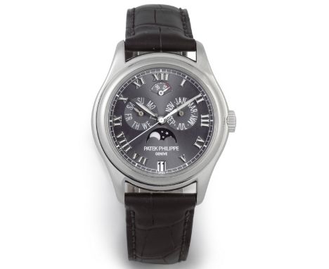Patek Philippe. A Fine and recently serviced platinum automatic annual calendar wristwatch with moon phaseReference: 5056Date